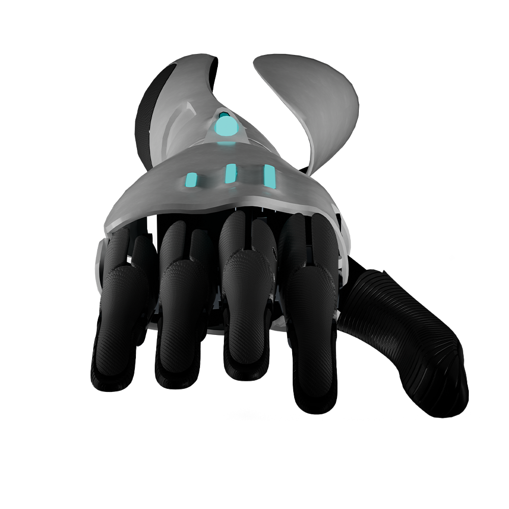 Rendu 3D de présentation de la prothèse de bras bionique par le bureau d'étude Arche France. Santé et innovation industrielle.